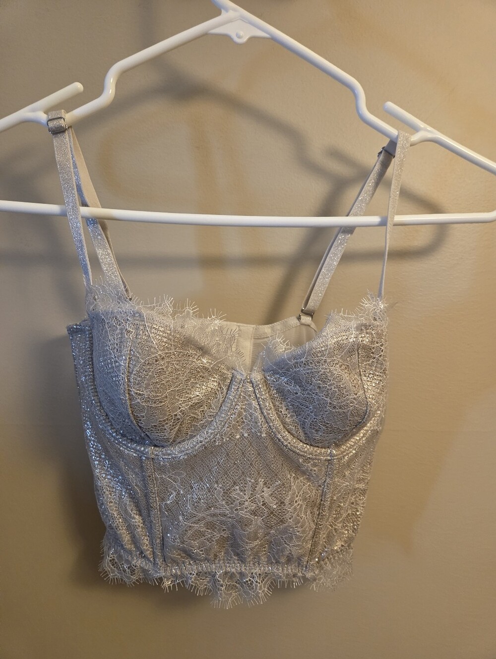Victoria's Secret 32B Silver Lace Bustier Corset Bra Longline Underwire Shimmer